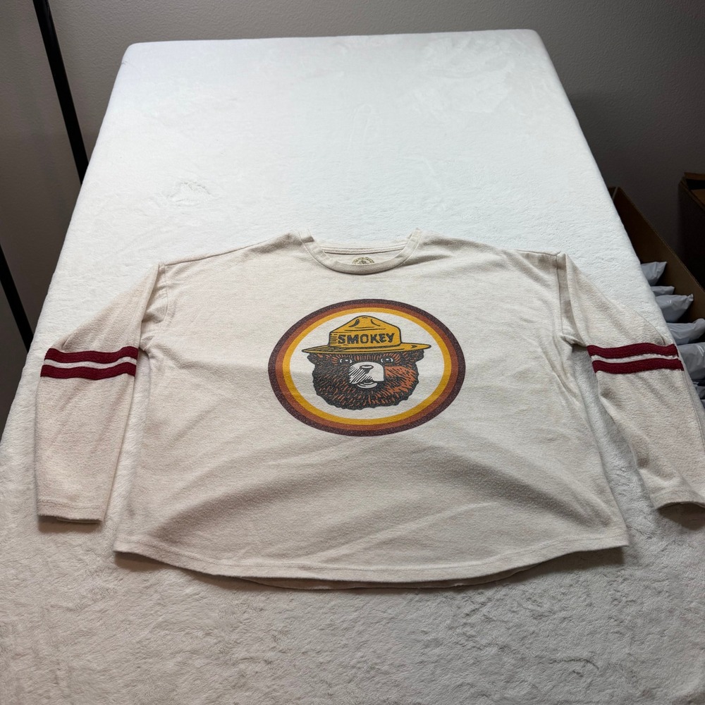 Smokey Bear Graphic Sweatshirt Womens M Cream Good Retro Varsity Stripe